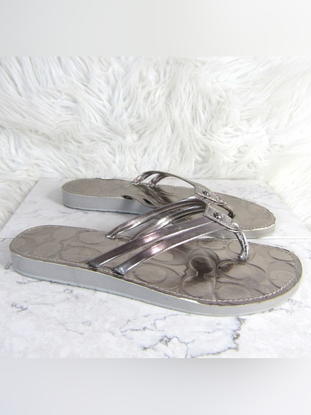 COACH Metallic Silver Women's Thong Sandals Flip Flop